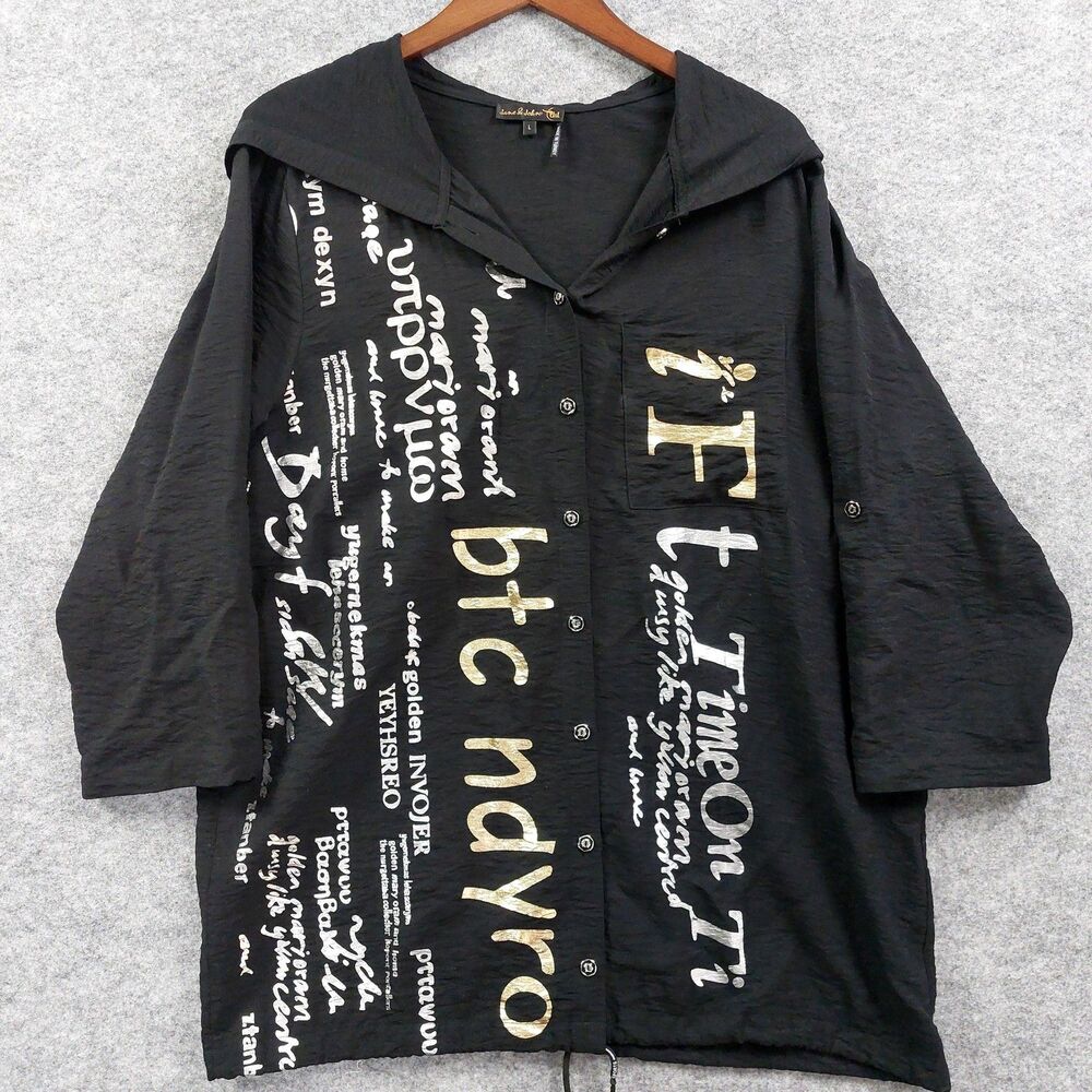 Jane & John Pullover Womens Sz L Black Hooded Graphic Drawstring Casual Baggy